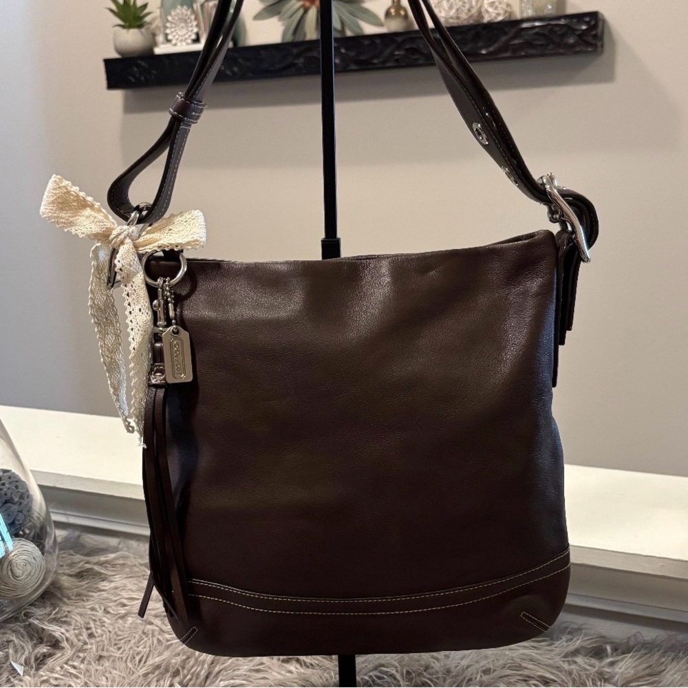 Coach Dark Brown Leather Shoulder Bag with Tassel